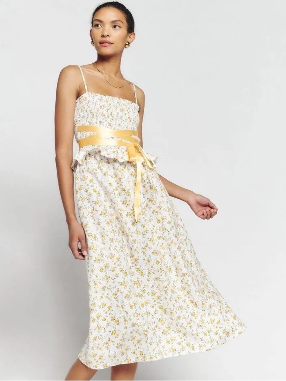 Reformation Miles Smocked Ribbon Tie
Linen Dress yellow floral